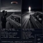 Two panel intelligence dossier collage for the Minnesota UFO UAP alien sightings archive showing left Deputy Sheriff Arthur Strauch standing beside a stopped station wagon on a flat Sibley County rural road raising 7x35 binoculars toward a structured disc with a bright white-to-orange-red changing outer rim glow while his four credentialed witnesses watch from the vehicle in October 1965, and right a Minnesota driver pressed against the far side of his swerved car as a chrome-white 8-to-9-foot robot-like entity with deep red glowing head and hands stands in the road four feet away from the car near Pipestone with the radio producing static in July 1954