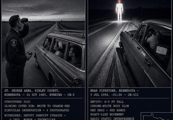 Two panel intelligence dossier collage for the Minnesota UFO UAP alien sightings archive showing left Deputy Sheriff Arthur Strauch standing beside a stopped station wagon on a flat Sibley County rural road raising 7x35 binoculars toward a structured disc with a bright white-to-orange-red changing outer rim glow while his four credentialed witnesses watch from the vehicle in October 1965, and right a Minnesota driver pressed against the far side of his swerved car as a chrome-white 8-to-9-foot robot-like entity with deep red glowing head and hands stands in the road four feet away from the car near Pipestone with the radio producing static in July 1954