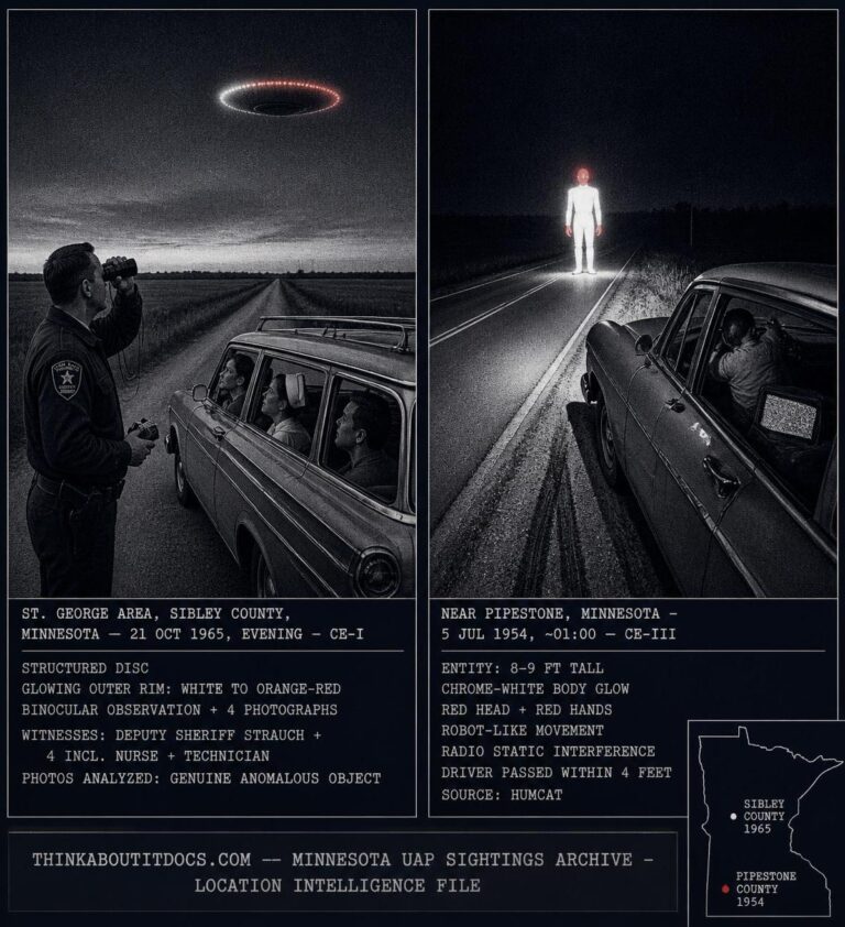 Two panel intelligence dossier collage for the Minnesota UFO UAP alien sightings archive showing left Deputy Sheriff Arthur Strauch standing beside a stopped station wagon on a flat Sibley County rural road raising 7x35 binoculars toward a structured disc with a bright white-to-orange-red changing outer rim glow while his four credentialed witnesses watch from the vehicle in October 1965, and right a Minnesota driver pressed against the far side of his swerved car as a chrome-white 8-to-9-foot robot-like entity with deep red glowing head and hands stands in the road four feet away from the car near Pipestone with the radio producing static in July 1954