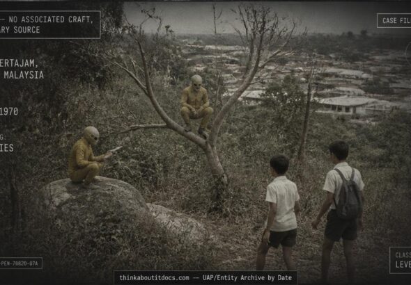 Two tiny humanoid figures in yellow suits hiding among bushes near Bukit Mertajam, Penang, Malaysia, August 1970