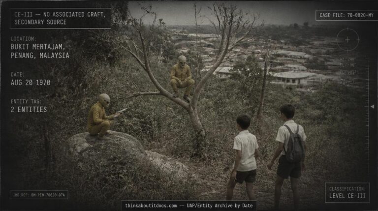 Two tiny humanoid figures in yellow suits hiding among bushes near Bukit Mertajam, Penang, Malaysia, August 1970