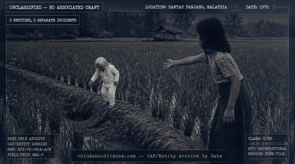 A miniature man with long white hair in a rice field diving into a hole in the ground, Rantau Panjang, Malaysia, 1972