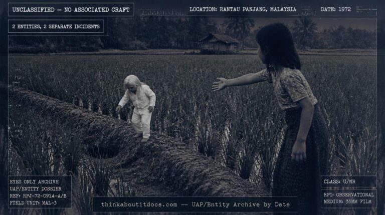 A miniature man with long white hair in a rice field diving into a hole in the ground, Rantau Panjang, Malaysia, 1972