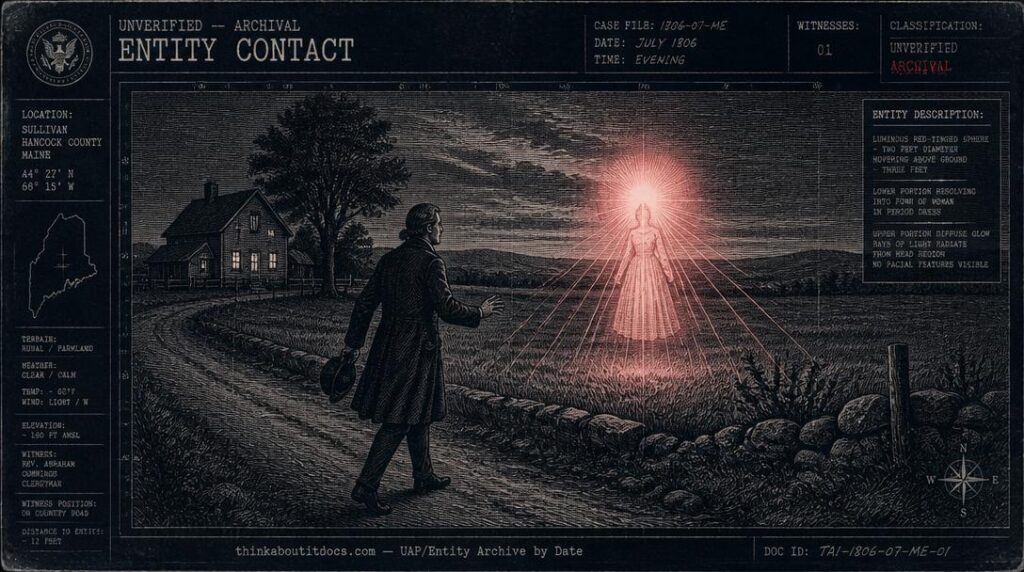 Dossier-style illustration of Rev. Abraham Cummings encountering a luminous red-tinged globe transforming into a female humanoid figure with rays of light on a rural road in Sullivan, Maine, July 1806