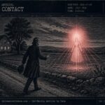 Dossier-style illustration of Rev. Abraham Cummings encountering a luminous red-tinged globe transforming into a female humanoid figure with rays of light on a rural road in Sullivan, Maine, July 1806