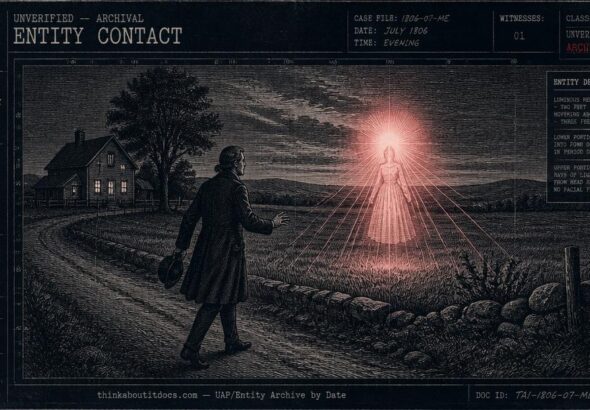 Dossier-style illustration of Rev. Abraham Cummings encountering a luminous red-tinged globe transforming into a female humanoid figure with rays of light on a rural road in Sullivan, Maine, July 1806