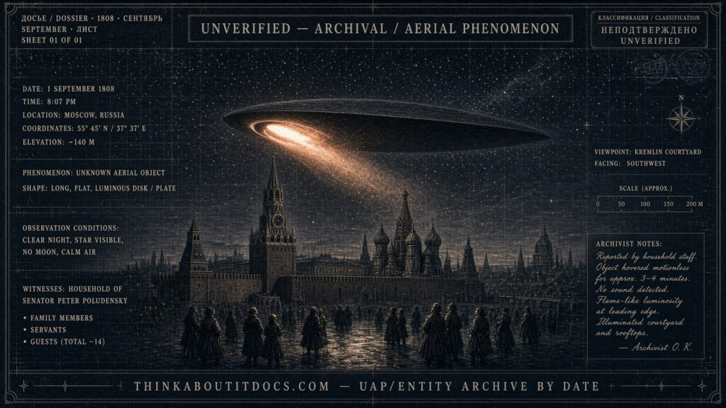 Dossier-style illustration of a long luminous plate-shaped object with an oval flame hovering over the Moscow Kremlin at night on September 1, 1808, as recorded in Senator Peter Poludensky's personal archive