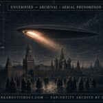 Dossier-style illustration of a long luminous plate-shaped object with an oval flame hovering over the Moscow Kremlin at night on September 1, 1808, as recorded in Senator Peter Poludensky's personal archive