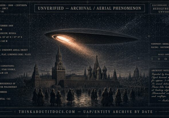 Dossier-style illustration of a long luminous plate-shaped object with an oval flame hovering over the Moscow Kremlin at night on September 1, 1808, as recorded in Senator Peter Poludensky's personal archive