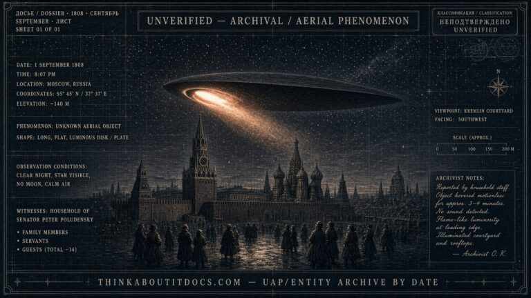 Dossier-style illustration of a long luminous plate-shaped object with an oval flame hovering over the Moscow Kremlin at night on September 1, 1808, as recorded in Senator Peter Poludensky's personal archive