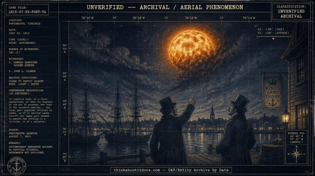 Dossier-style illustration of a large smoke-wreathed fireball transforming mid-shape over Portsmouth, Virginia harbor at night on July 25, 1813, with two witnesses looking up from the wharf