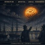 Dossier-style illustration of a large smoke-wreathed fireball transforming mid-shape over Portsmouth, Virginia harbor at night on July 25, 1813, with two witnesses looking up from the wharf