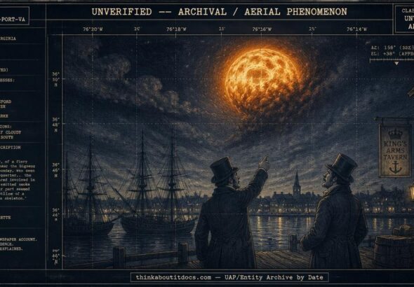 Dossier-style illustration of a large smoke-wreathed fireball transforming mid-shape over Portsmouth, Virginia harbor at night on July 25, 1813, with two witnesses looking up from the wharf