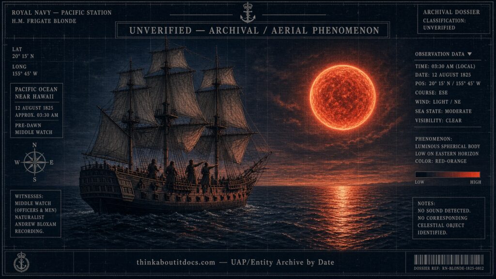 Dossier-style illustration of a large red-hot luminous body rising from the Pacific Ocean at dawn beside the Royal Navy frigate HMS Blonde on August 12, 1825, as recorded by naturalist Andrew Bloxam