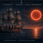 Dossier-style illustration of a large red-hot luminous body rising from the Pacific Ocean at dawn beside the Royal Navy frigate HMS Blonde on August 12, 1825, as recorded by naturalist Andrew Bloxam