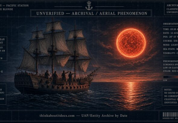 Dossier-style illustration of a large red-hot luminous body rising from the Pacific Ocean at dawn beside the Royal Navy frigate HMS Blonde on August 12, 1825, as recorded by naturalist Andrew Bloxam