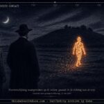 Dossier-style illustration of a glowing humanoid fire entity walking across a Frisian field toward an ancient terp mound at night in 1827, watched by two witnesses