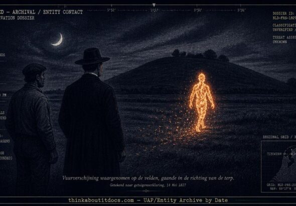 Dossier-style illustration of a glowing humanoid fire entity walking across a Frisian field toward an ancient terp mound at night in 1827, watched by two witnesses