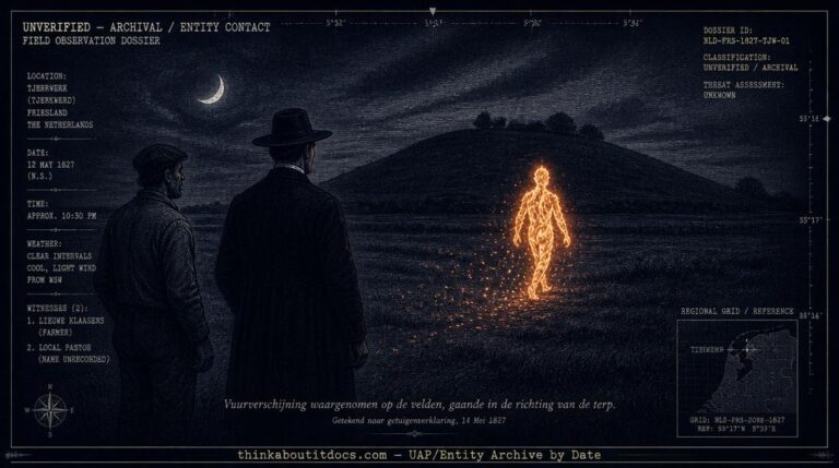 Dossier-style illustration of a glowing humanoid fire entity walking across a Frisian field toward an ancient terp mound at night in 1827, watched by two witnesses