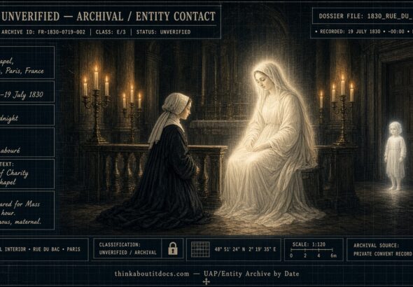 Dossier-style illustration of a luminous seated female figure and a glowing child watching over a kneeling novice in a candlelit Paris convent chapel on the night of July 18, 1830
