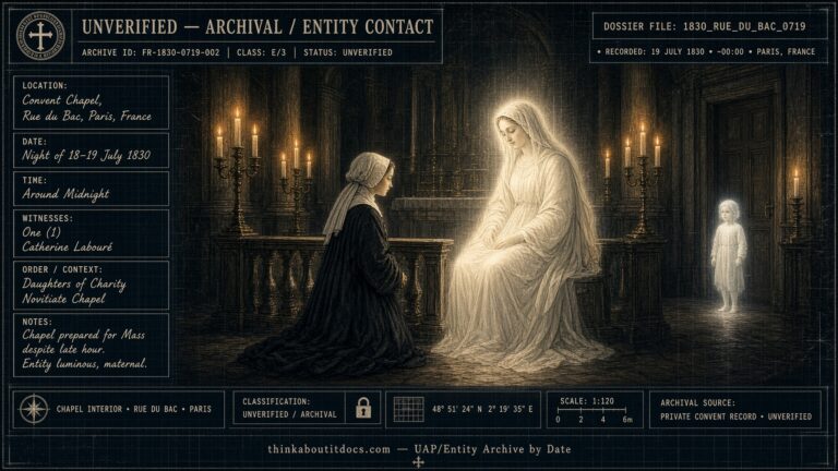 Dossier-style illustration of a luminous seated female figure and a glowing child watching over a kneeling novice in a candlelit Paris convent chapel on the night of July 18, 1830