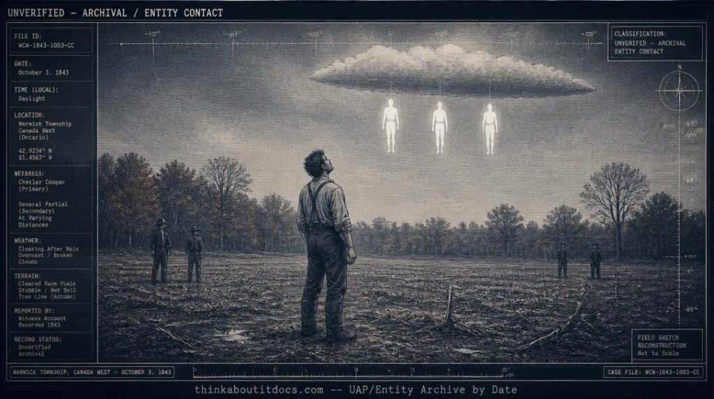 Dossier-style illustration of three entirely white humanoid figures with belted bodies gliding beneath a low cloud over a farmer's field in Warwick, Ontario in 1843
