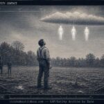 Dossier-style illustration of three entirely white humanoid figures with belted bodies gliding beneath a low cloud over a farmer's field in Warwick, Ontario in 1843