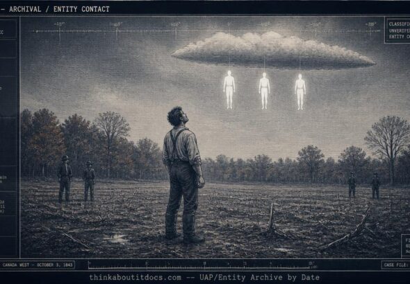 Dossier-style illustration of three entirely white humanoid figures with belted bodies gliding beneath a low cloud over a farmer's field in Warwick, Ontario in 1843