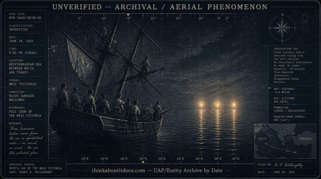 Dossier-style illustration of three luminous bodies rising from the Mediterranean Sea beside the becalmed merchant brig Victoria at night on June 18, 1845