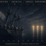 Dossier-style illustration of three luminous bodies rising from the Mediterranean Sea beside the becalmed merchant brig Victoria at night on June 18, 1845