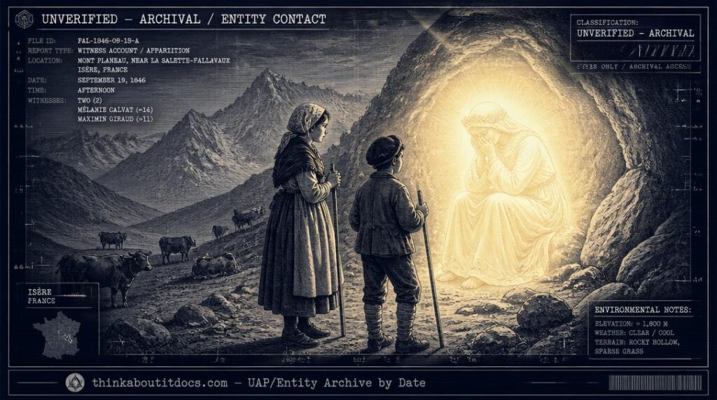 Dossier-style illustration of two shepherd children encountering a weeping luminous female figure seated within a globe of light on an Alpine mountainside in 1846