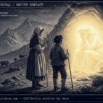 Dossier-style illustration of two shepherd children encountering a weeping luminous female figure seated within a globe of light on an Alpine mountainside in 1846