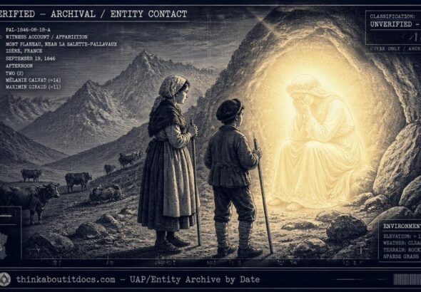 Dossier-style illustration of two shepherd children encountering a weeping luminous female figure seated within a globe of light on an Alpine mountainside in 1846
