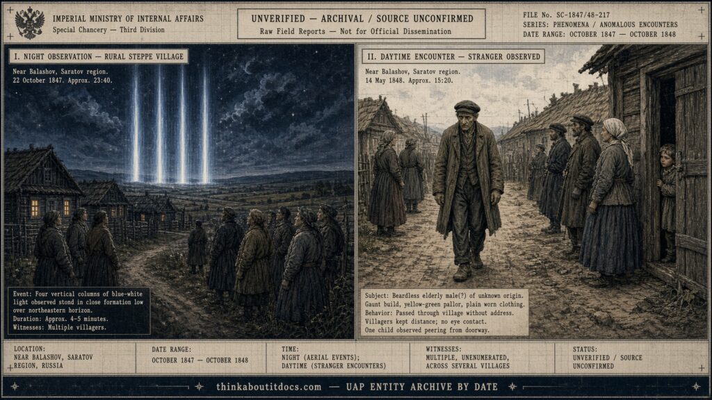 Two-panel dossier illustration showing blue-white fiery columns over a Saratov village at night in 1847 and a pale, beardless, yellow-green-skinned stranger walking through a village by day