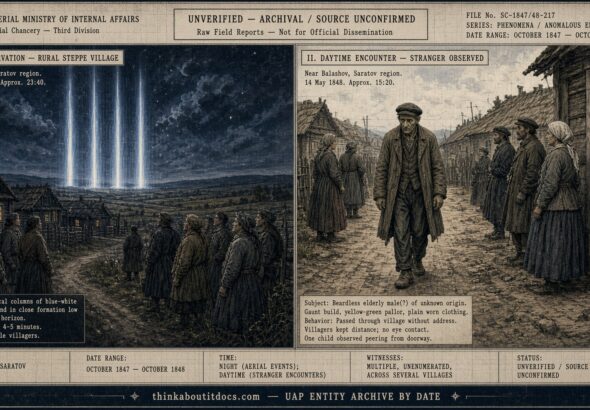 Two-panel dossier illustration showing blue-white fiery columns over a Saratov village at night in 1847 and a pale, beardless, yellow-green-skinned stranger walking through a village by day
