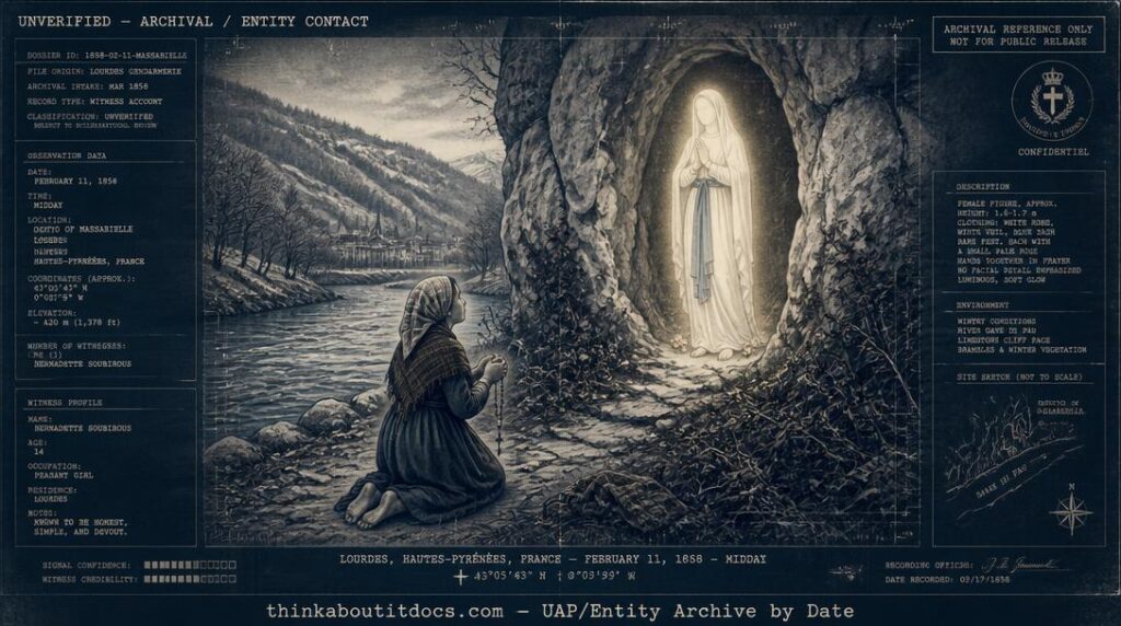 Dossier-style illustration of fourteen-year-old Bernadette Soubirous kneeling before a white-robed luminous female figure in the Massabielle grotto near Lourdes, France, on February 11, 1858