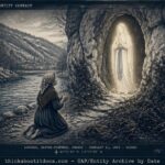Dossier-style illustration of fourteen-year-old Bernadette Soubirous kneeling before a white-robed luminous female figure in the Massabielle grotto near Lourdes, France, on February 11, 1858