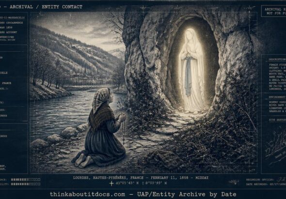 Dossier-style illustration of fourteen-year-old Bernadette Soubirous kneeling before a white-robed luminous female figure in the Massabielle grotto near Lourdes, France, on February 11, 1858