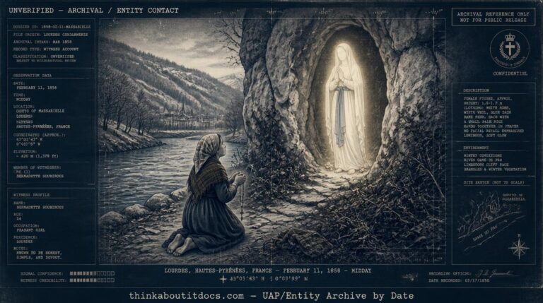 Dossier-style illustration of fourteen-year-old Bernadette Soubirous kneeling before a white-robed luminous female figure in the Massabielle grotto near Lourdes, France, on February 11, 1858