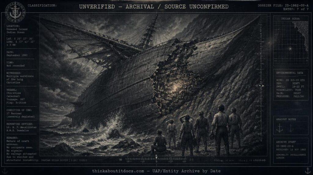 Dossier-style illustration of shipwrecked sailors discovering a battleship-scale crashed aerial vessel lodged against a storm-battered cliff on an Indian Ocean island in September 1862