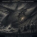 Dossier-style illustration of shipwrecked sailors discovering a battleship-scale crashed aerial vessel lodged against a storm-battered cliff on an Indian Ocean island in September 1862