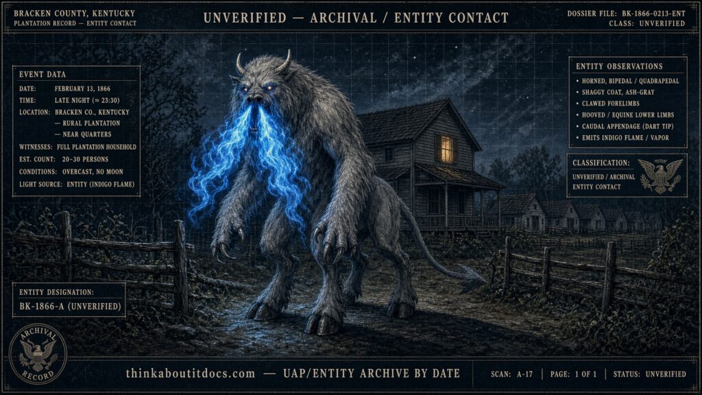 Dossier-style illustration of a gigantic horned, horse-legged creature breathing blue flame beside a plantation fence at night in Bracken County, Kentucky, February 1866