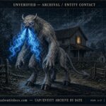 Dossier-style illustration of a gigantic horned, horse-legged creature breathing blue flame beside a plantation fence at night in Bracken County, Kentucky, February 1866