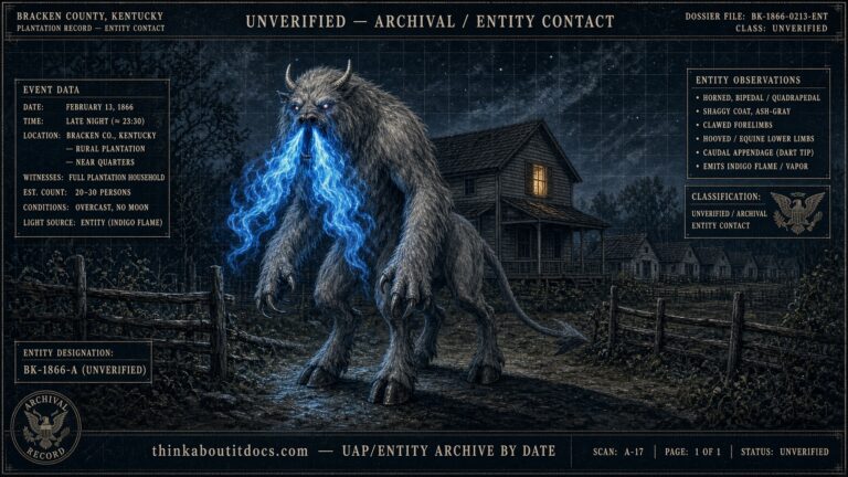 Dossier-style illustration of a gigantic horned, horse-legged creature breathing blue flame beside a plantation fence at night in Bracken County, Kentucky, February 1866