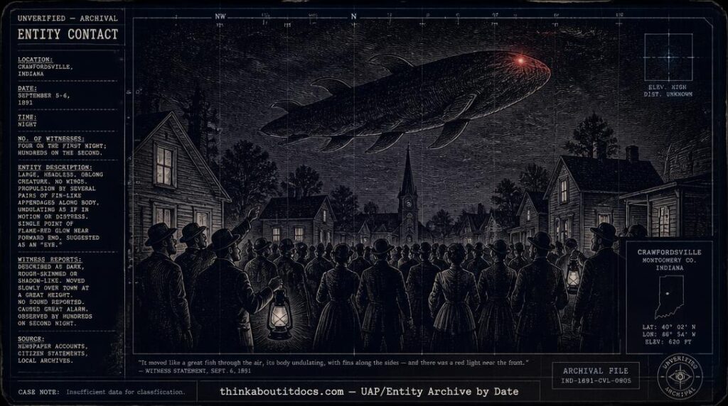 Dossier-style illustration of a large headless, fin-propelled aerial creature with a glowing red eye hovering over a crowd of witnesses in Crawfordsville, Indiana at night in September 1891