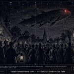 Dossier-style illustration of a large headless, fin-propelled aerial creature with a glowing red eye hovering over a crowd of witnesses in Crawfordsville, Indiana at night in September 1891