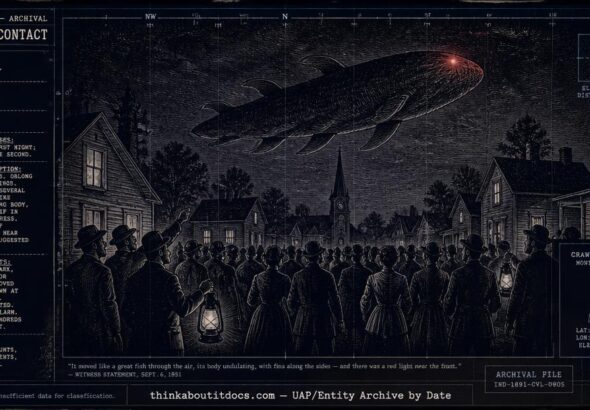 Dossier-style illustration of a large headless, fin-propelled aerial creature with a glowing red eye hovering over a crowd of witnesses in Crawfordsville, Indiana at night in September 1891