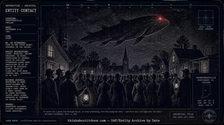 Dossier-style illustration of a large headless, fin-propelled aerial creature with a glowing red eye hovering over a crowd of witnesses in Crawfordsville, Indiana at night in September 1891