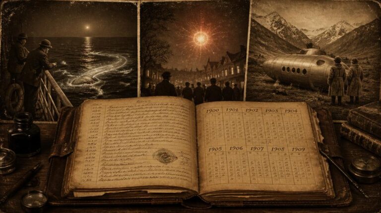Dossier-style archive collage representing the 1900 to 1909 decade of UFO and entity sightings