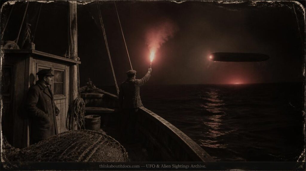 Historical illustration of the 1908 Superb fishing smack color-coded flare exchange in the North Sea